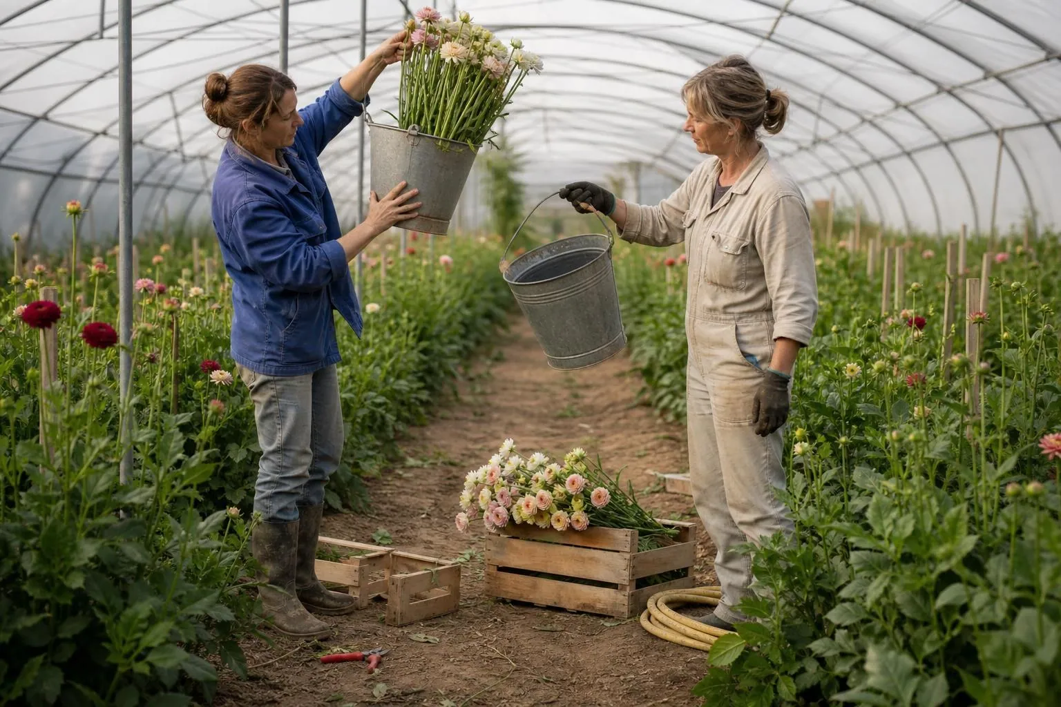 Fleuriste choisissant des seaux de fleurs coupées sous une serre de producteur français en compagnie de la productrice