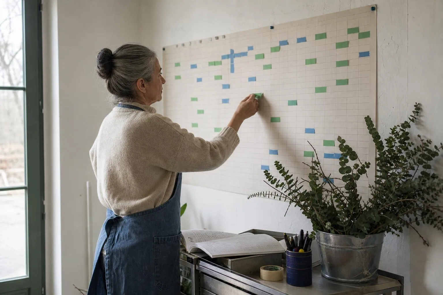 Fleuriste devant un grand planning mural en papier sur lequel elle place des étiquettes de couleur correspondant à ses mariages
