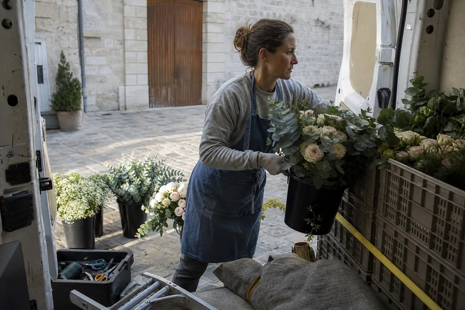 Fleuriste calant des seaux de compositions florales dans un véhicule utilitaire aux portes arrière ouvertes dans une cour pavée
