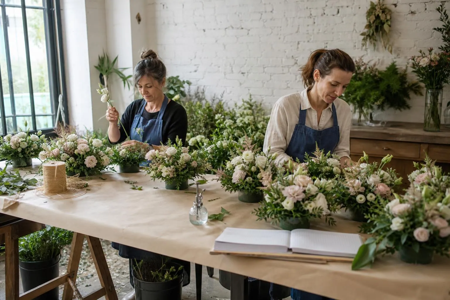 Deux fleuristes assemblant une série de centres de table alignés sur une grande table à tréteaux dans un atelier lumineux