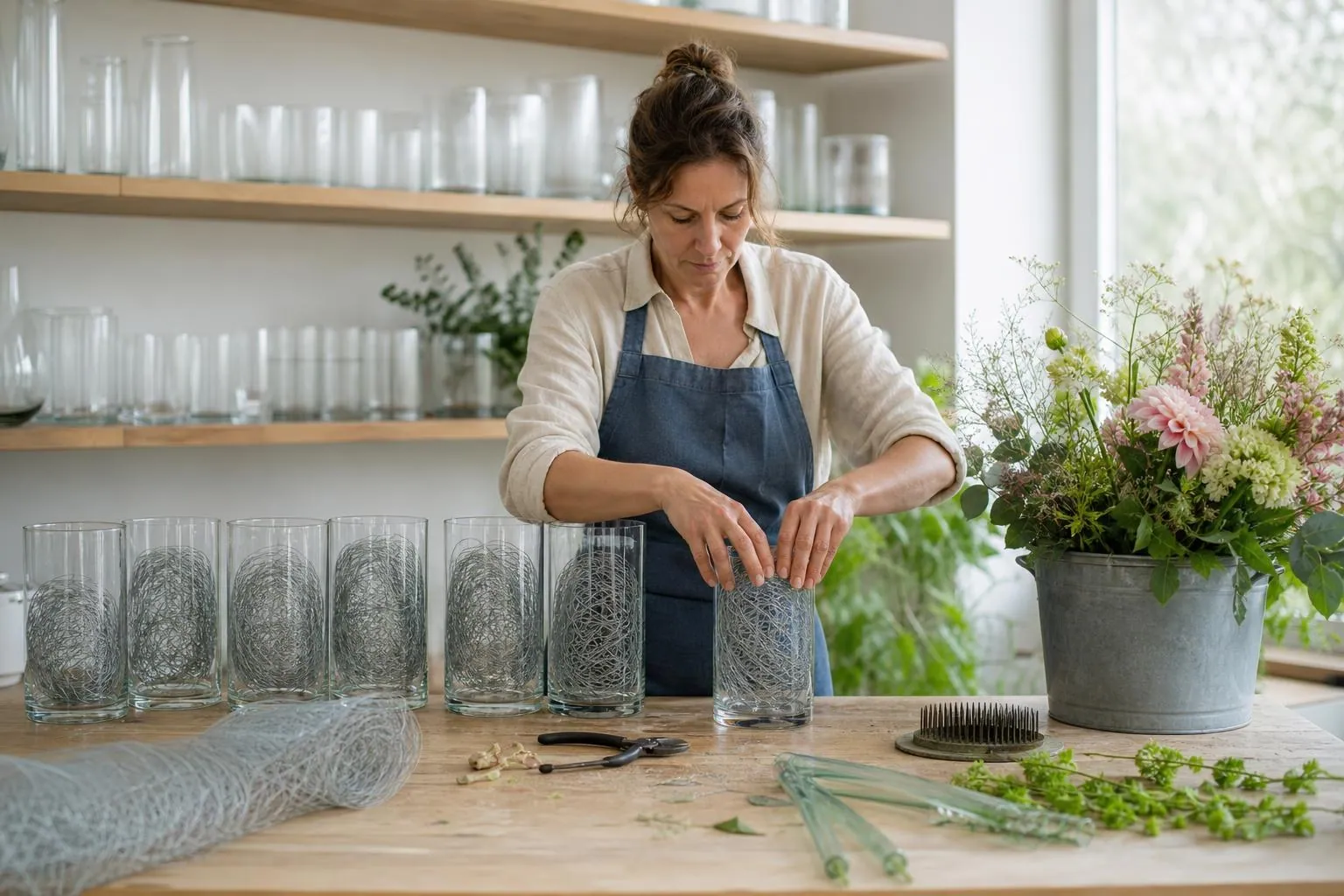 Fleuriste façonnant une boule de grillage fin autour d’un vase en verre pour monter une composition sans mousse florale
