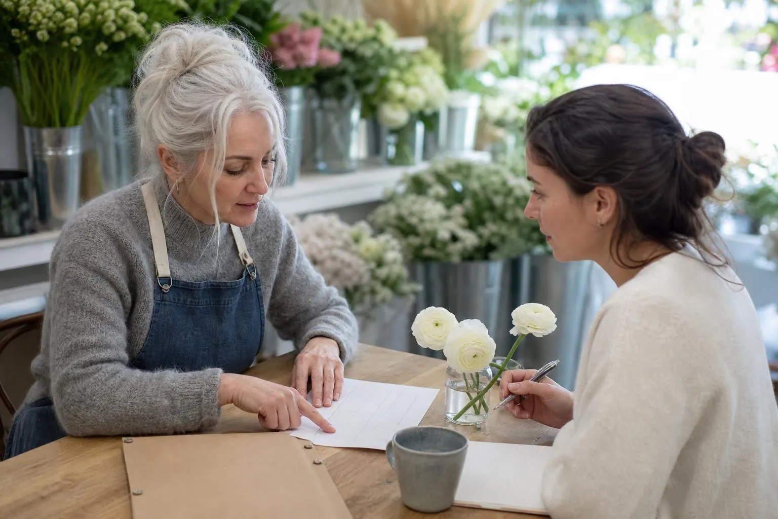 Fleuriste et future mariée assises à une table de boutique devant un devis papier et un carnet de conditions de prestation
