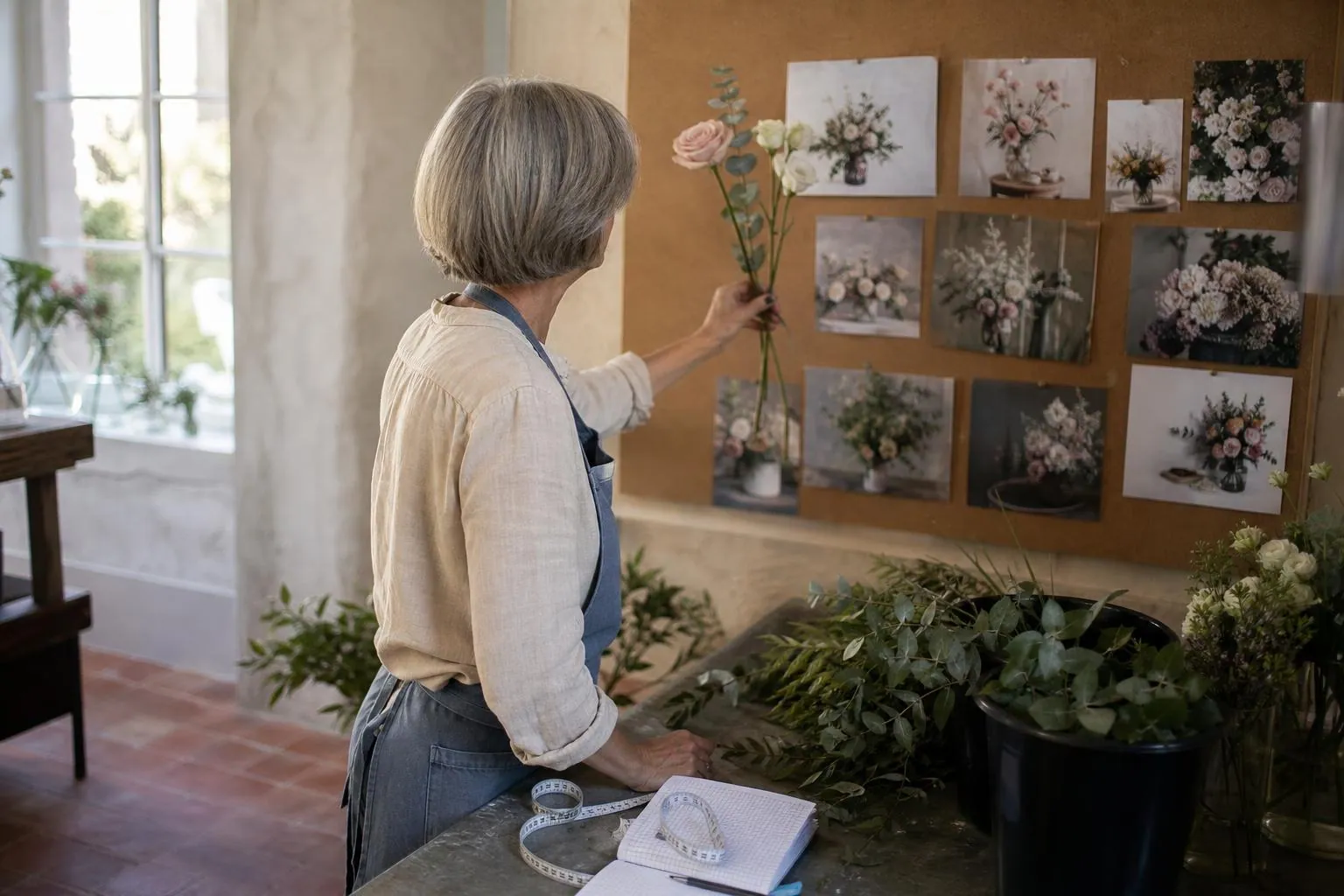Fleuriste d’une cinquantaine d’années comparant des photographies d’inspiration épinglées sur un panneau de liège avec des tiges témoins posées sur sa table d’atelier
