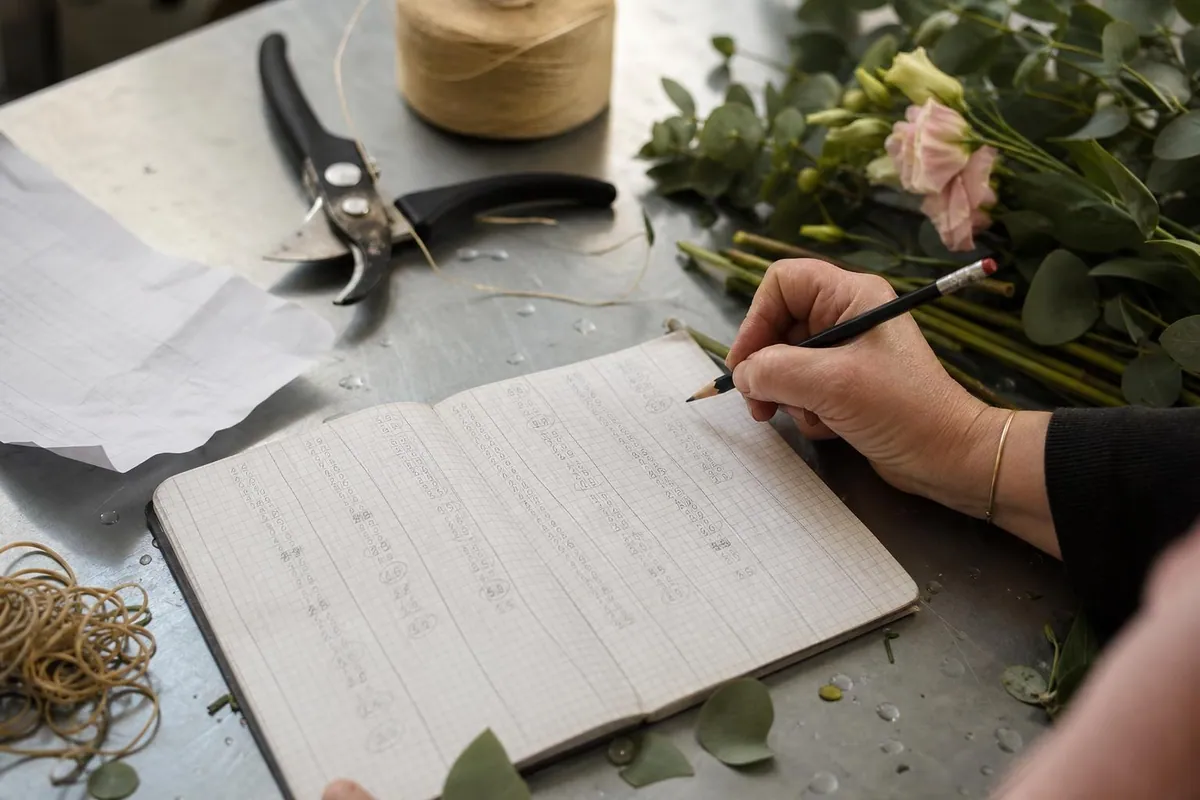 Gros plan d’un cahier quadrillé annoté au crayon avec des comptages de tiges, posé sur un plan de travail en zinc à côté d’un bordereau d’achat et de tiges coupées
