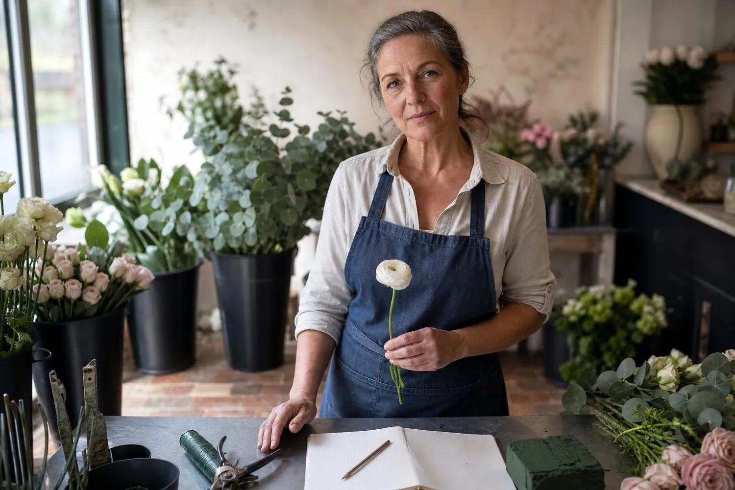Fleuriste événementielle d’une cinquantaine d’années debout à sa table d’atelier, une tige de renoncule à la main, devant des seaux de fleurs et un cahier de chiffrage ouvert