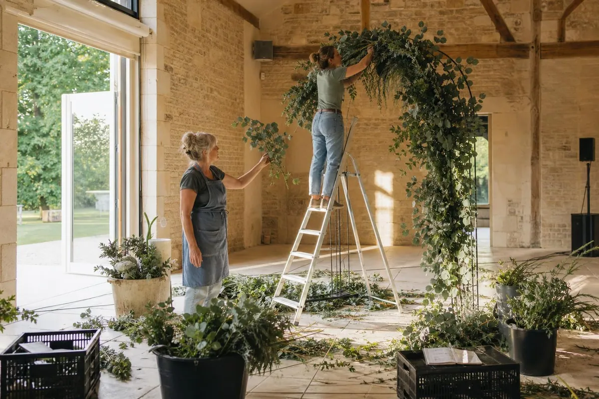 Deux fleuristes de quarante et soixante ans montant une arche florale sur une structure métallique dans une salle de réception, avec seaux, caisses et échelle au sol